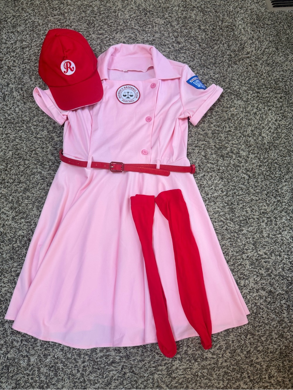 Women’s “Leaugue of their own”Pink and Red Baseball-Style Costume Dress with Cap
